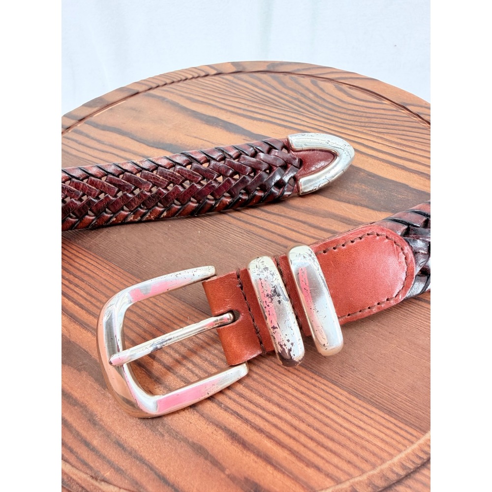 Vintage Fossil Brown Braided Woven Leather Belt Silver Buckle 32 Equestrian - Picture 2 of 4